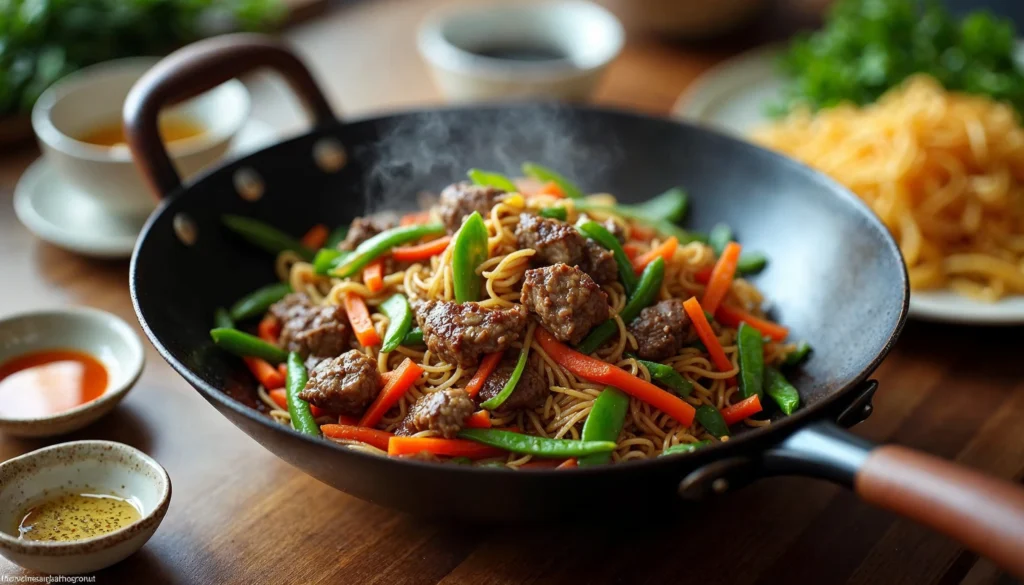 A wok filled with colorful vegetables, noodles, and tender beef, showcasing a stir-fry cooking process.