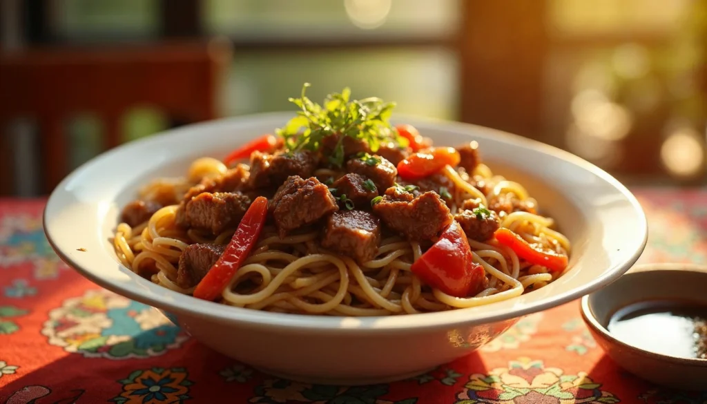 A warm and inviting plate of noodles with beef and vegetables, served with a garnish of fresh herbs.