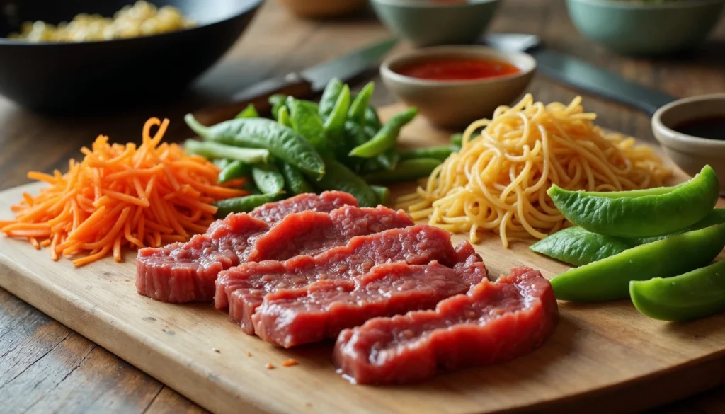 Freshly prepared ingredients for a stir-fry, including beef slices, snap peas, carrots, and noodles on a cutting board.