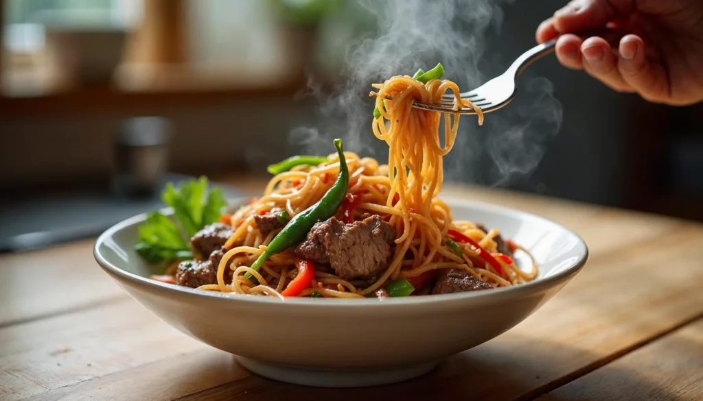 A steaming plate of beef lo mein stir-fry with a fork lifting noodles, featuring tender beef, vegetables, and vibrant garnishes.