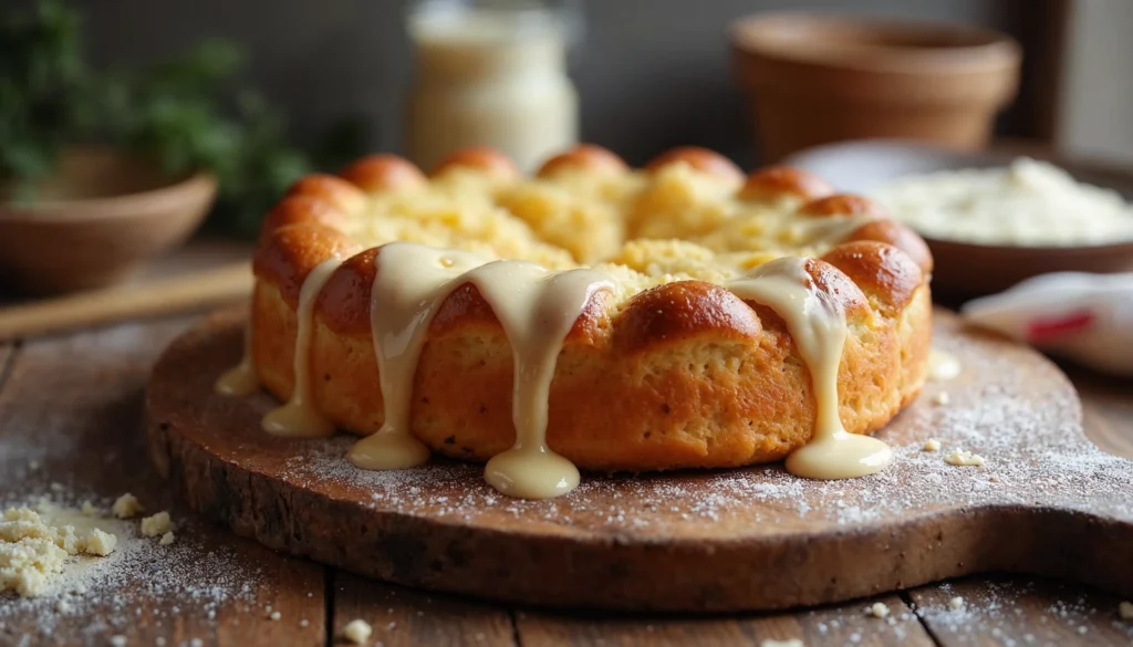 A fresh loaf of bread pudding with vanilla sauce dripping down, set on a wooden board with powdered sugar around it.
