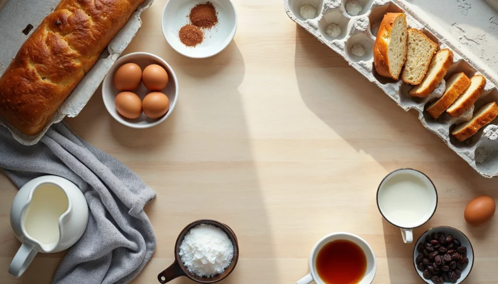 A wooden table filled with ingredients for making bread pudding including eggs, milk, sliced bread, raisins, and a bowl of cinnamon.