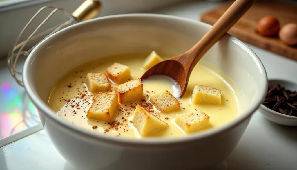 Cubes of toasted bread soaking in a bowl of custard mix with a wooden spoon and a pinch of nutmeg.
