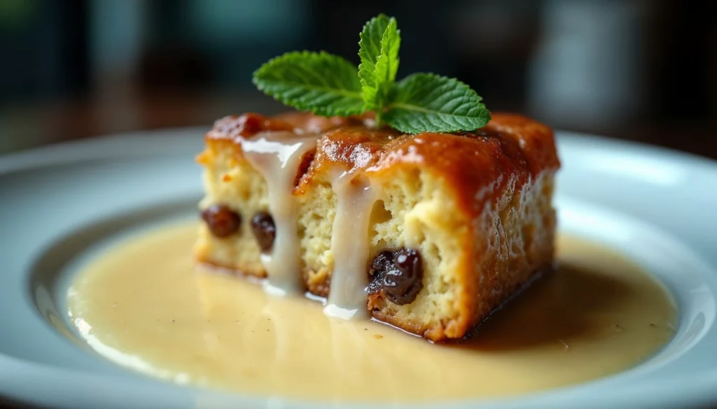 A piece of bread pudding topped with vanilla sauce and a mint leaf garnish, served on a plate.