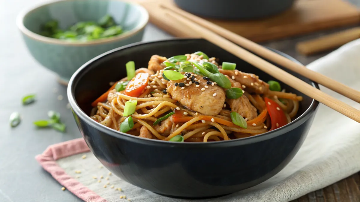 A single serving of Chicken Lo Mein in a black bowl, garnished with sesame seeds and green onions, with chopsticks resting on the side. Caption: A beautifully plated bowl of Chicken Lo Mein, featuring tender chicken, colorful vegetables, and perfectly sauced noodles—ready to be enjoyed!