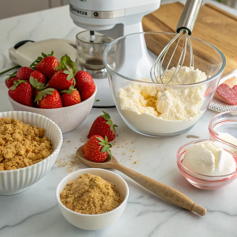 A detailed image of ingredients and tools for preparing Berrylicious Strawberry Crunch Cheesecake, including fresh strawberries, crushed graham crackers, cream cheese, and a stand mixer on a marble countertop.