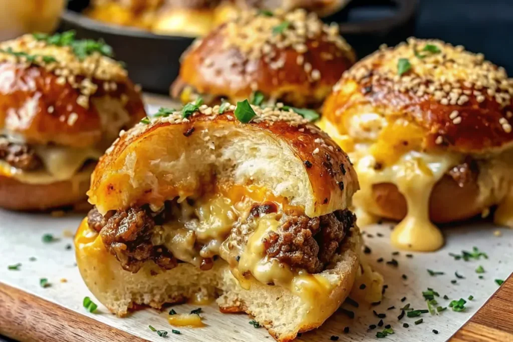 "Garlic Parmesan Cheeseburger Bombs with melted cheese oozing out, topped with sesame seeds and parsley on a wooden tray."