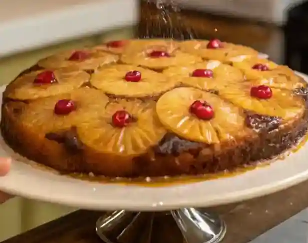 A baker flipping a Pineapple Upside Down Cake onto a plate, revealing its caramelized topping.