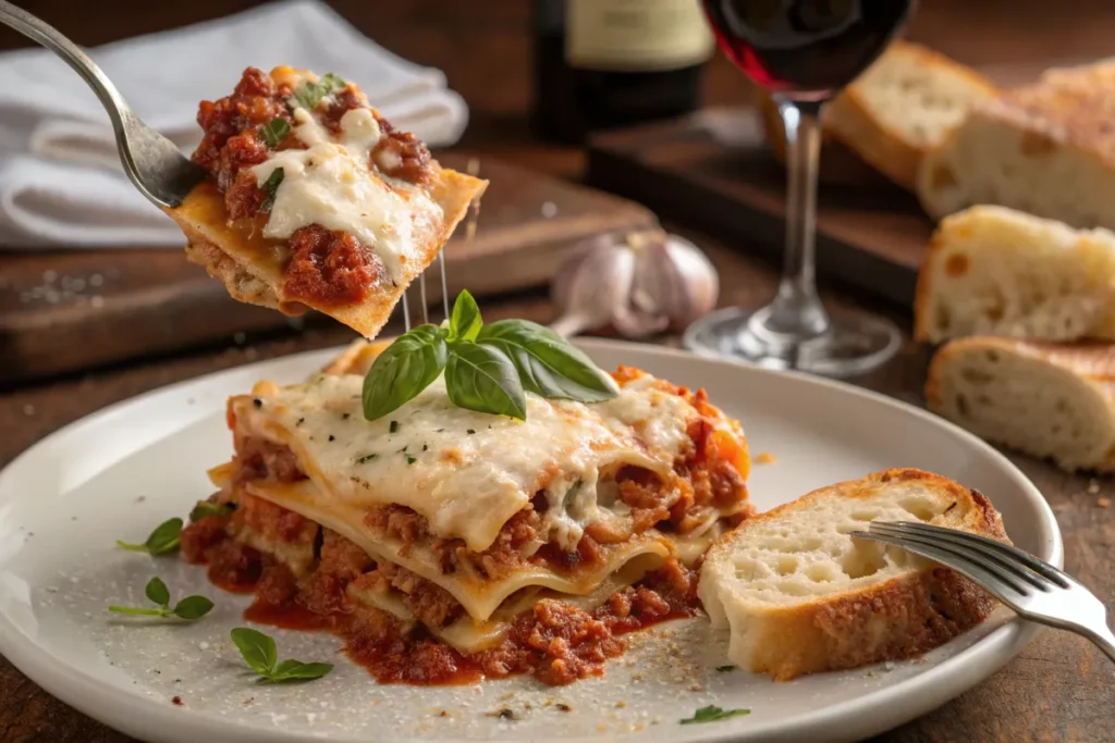 A plated slice of homemade lasagna with melted cheese and rich layers.