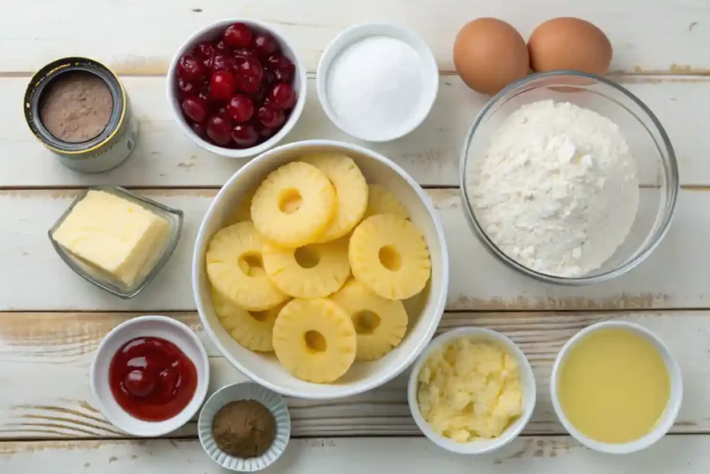 Pineapple Upside Down Cake ingredients displayed on a wooden surface.
