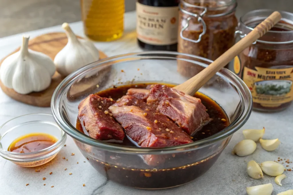 Beef ribs marinating in a garlic-soy sauce blend with honey and spices.