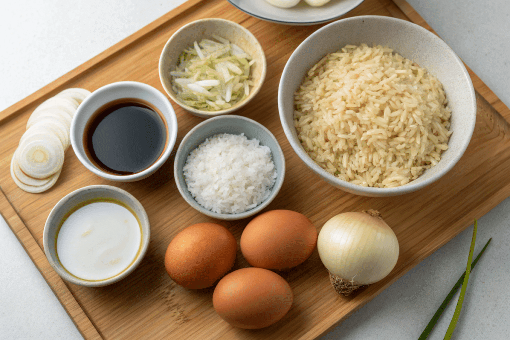 Ingredients for Golden Egg and Onion Fried Rice, including rice, eggs, onions, soy sauce, and garlic.