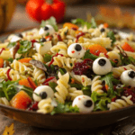 Eyeball Pasta Salad with mozzarella eyeballs and fresh vegetables for Halloween