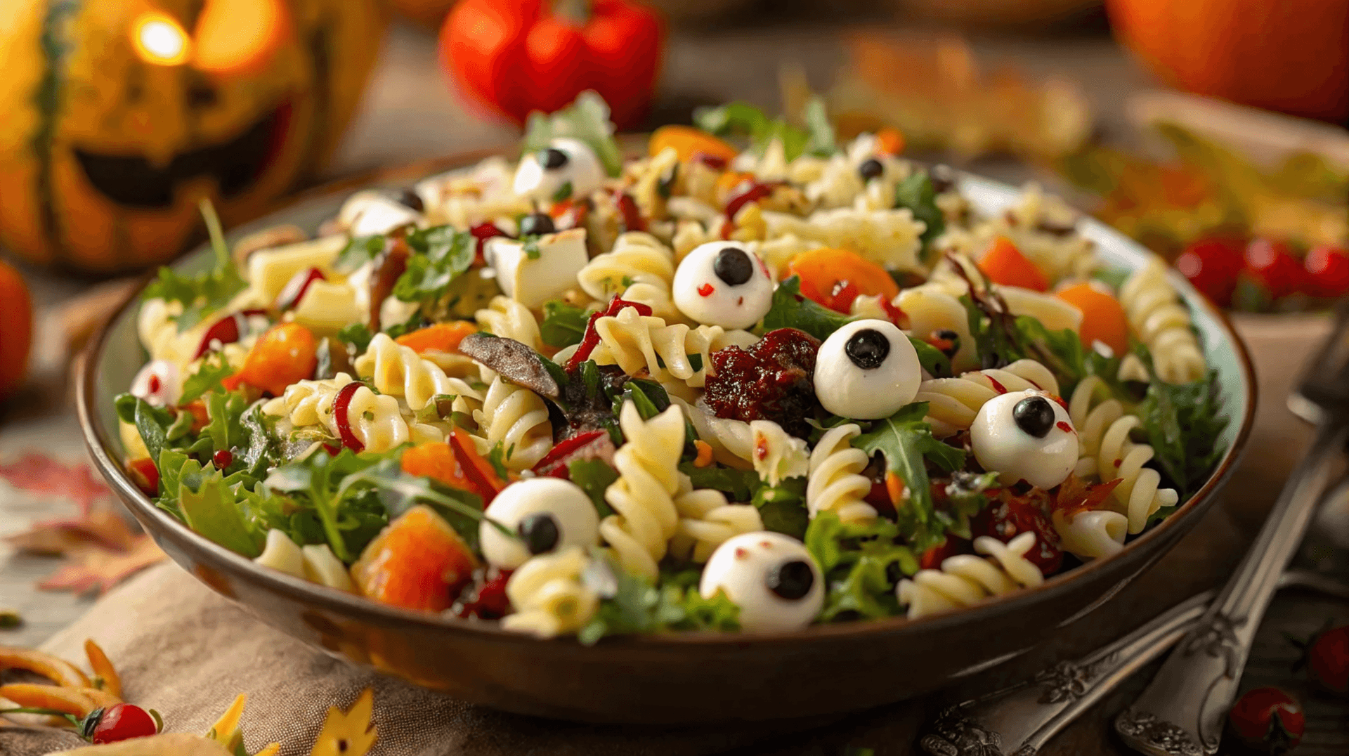 Eyeball Pasta Salad with mozzarella eyeballs and fresh vegetables for Halloween