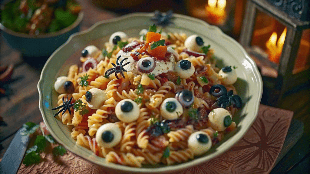 Spooky Halloween pasta salad with rotini pasta, mozzarella eyeballs, and olives