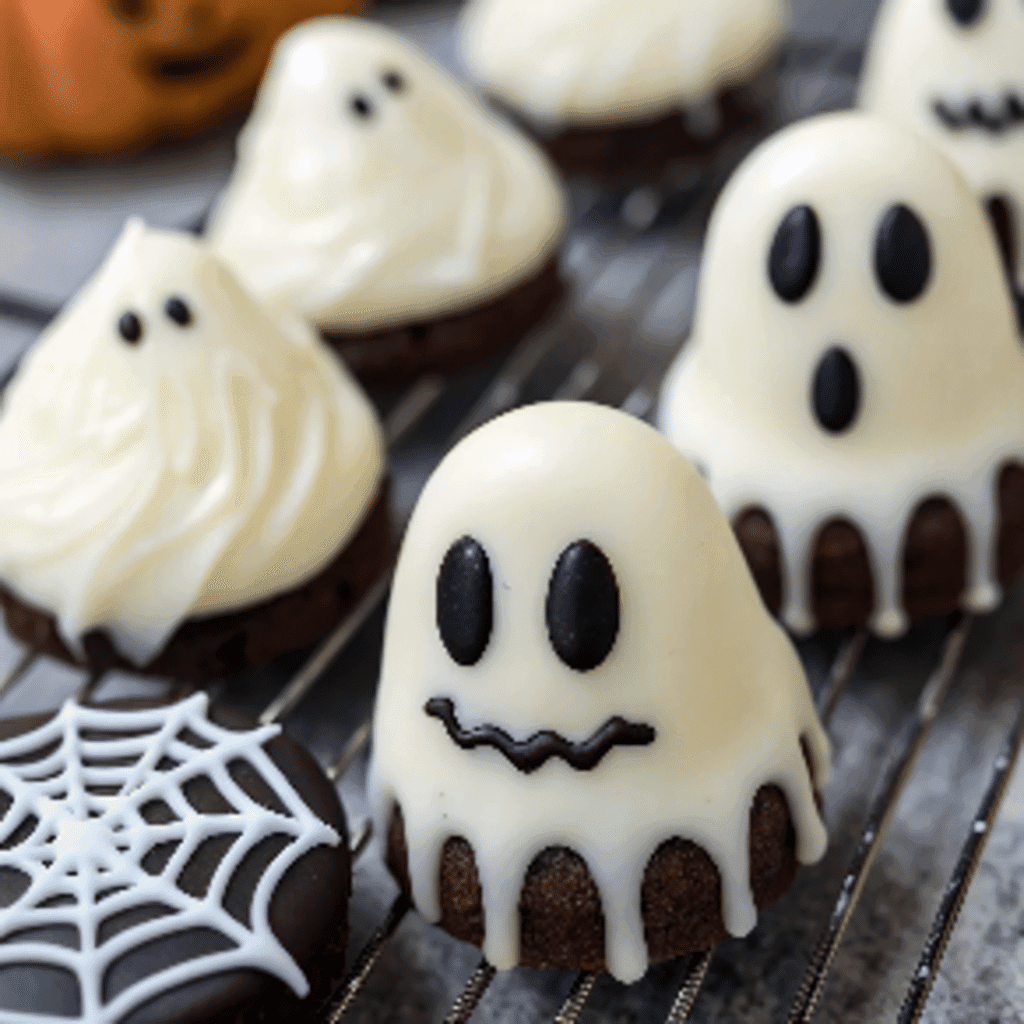 Assorted Ghost Oreo Balls decorated with white chocolate and spooky faces, arranged on a cooling rack with a spiderweb cookie.
