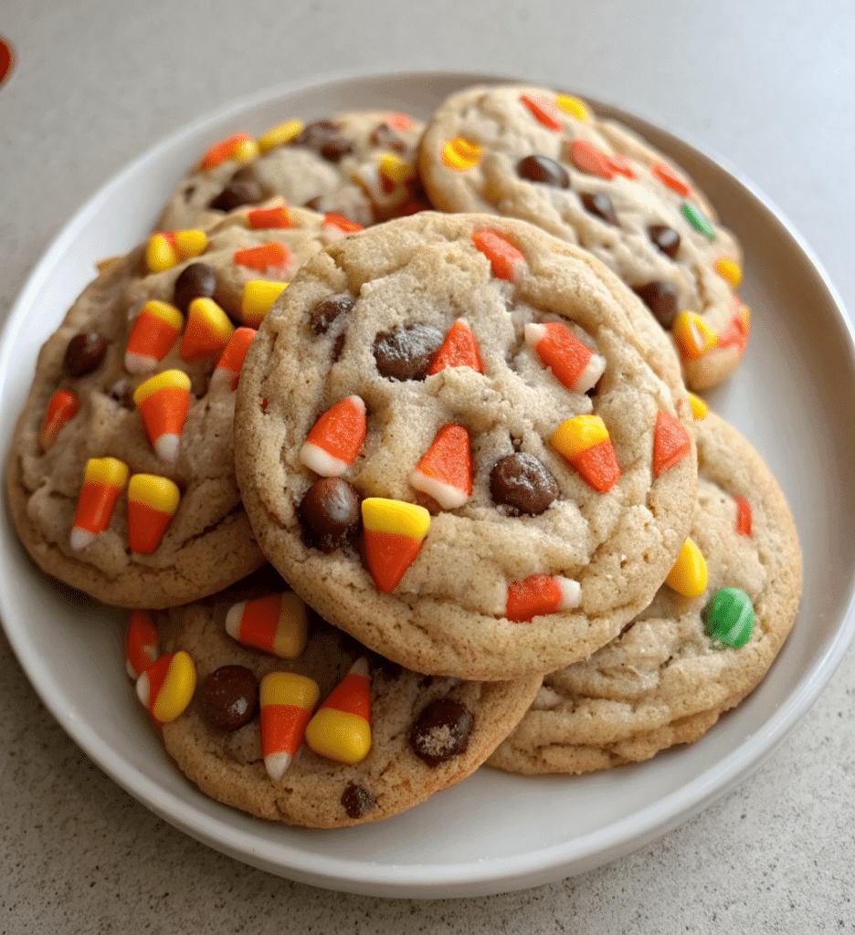 Halloween Cauldron Cookie Creation stacked on a white plate with candy corn and chocolate chips