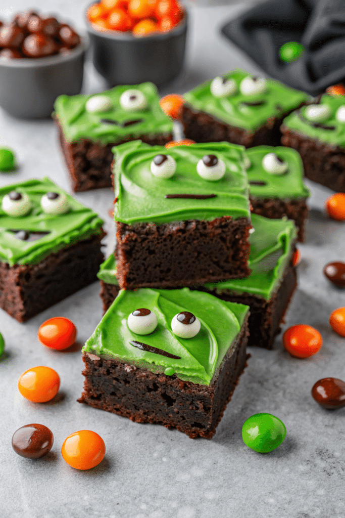 Frankenstein’s Monster Brownies with green frosting and candy eyes, decorated for Halloween