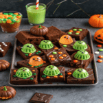 Halloween monster brownies decorated with green and orange chocolate ghosts and colorful candy toppings.