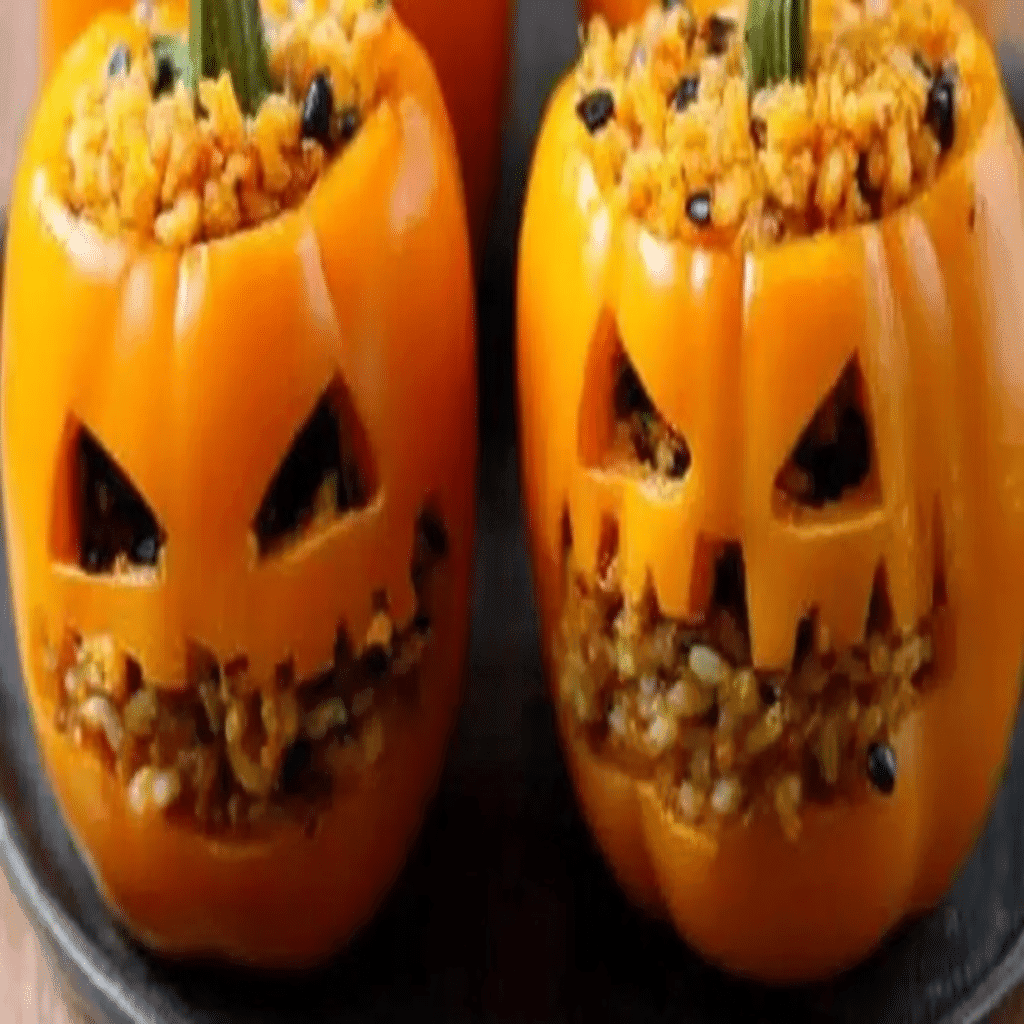 Stuffed peppers Halloween recipe with jack-o’-lantern faces filled with chicken and rice