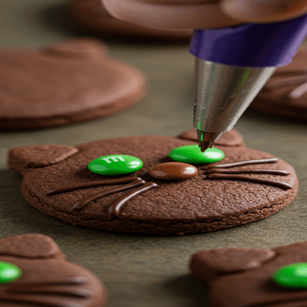 Decorating Hocus Pocus Binx Cookies with chocolate whiskers, green candy eyes, and brown candy nose