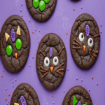 Hocus Pocus Binx Cookies decorated with candy eyes, chocolate whiskers, and colorful Halloween sprinkles