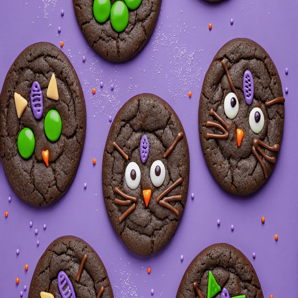 Hocus Pocus Binx Cookies decorated with candy eyes, chocolate whiskers, and colorful Halloween sprinkles
