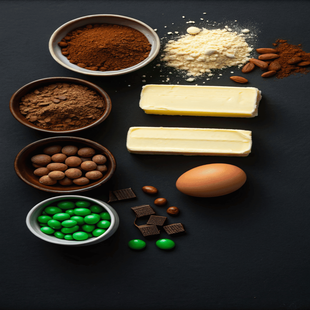 Ingredients for Hocus Pocus Binx Cookies including butter, cocoa powder, sugar, almonds, egg, and candies