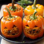 Halloween stuffed peppers filled with shredded chicken and rice