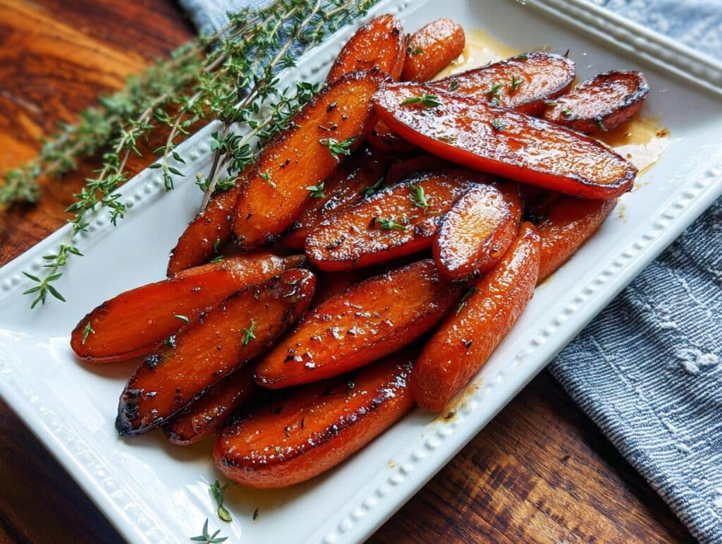 A close-up of glossy Balsamic Glazed Carrots served on a white platter, garnished with fresh thyme.