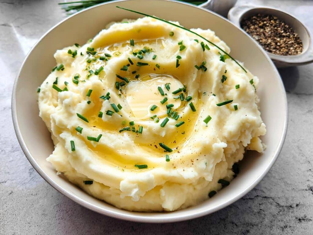 A close-up of a bowl of fluffy Buttermilk Mashed Potatoes topped with melted butter and fresh chives.