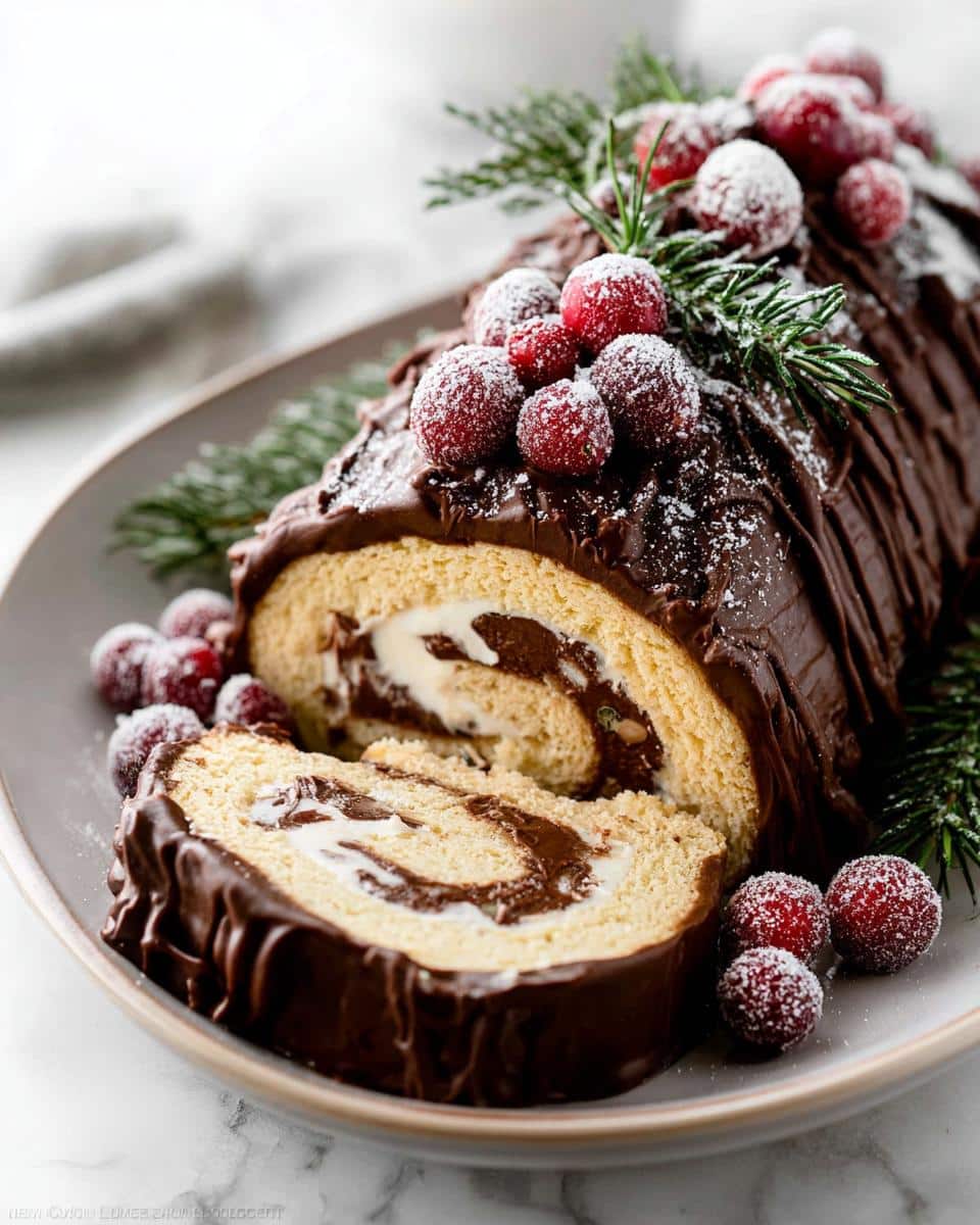 A slice of Classic Buche de Noël (Yule Log) cake, covered in chocolate ganache and decorated with sugared cranberries and rosemary.
