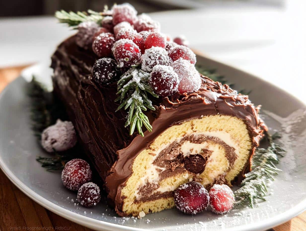 A slice of Classic Buche de Noël (Yule Log) cake, covered in chocolate ganache and decorated with sugared cranberries and rosemary.