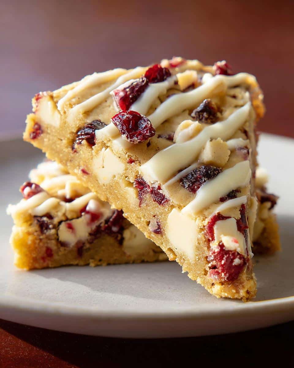 Two triangular slices of Cranberry White Chocolate Blondies stacked on a plate, drizzled with white chocolate and studded with cranberries and white chocolate chunks.