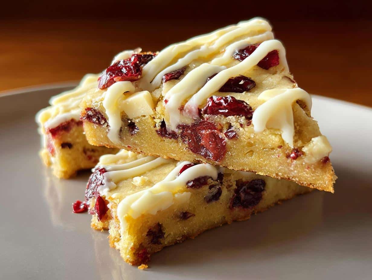 Close-up of two slices of Cranberry White Chocolate Blondies stacked, drizzled with white chocolate.