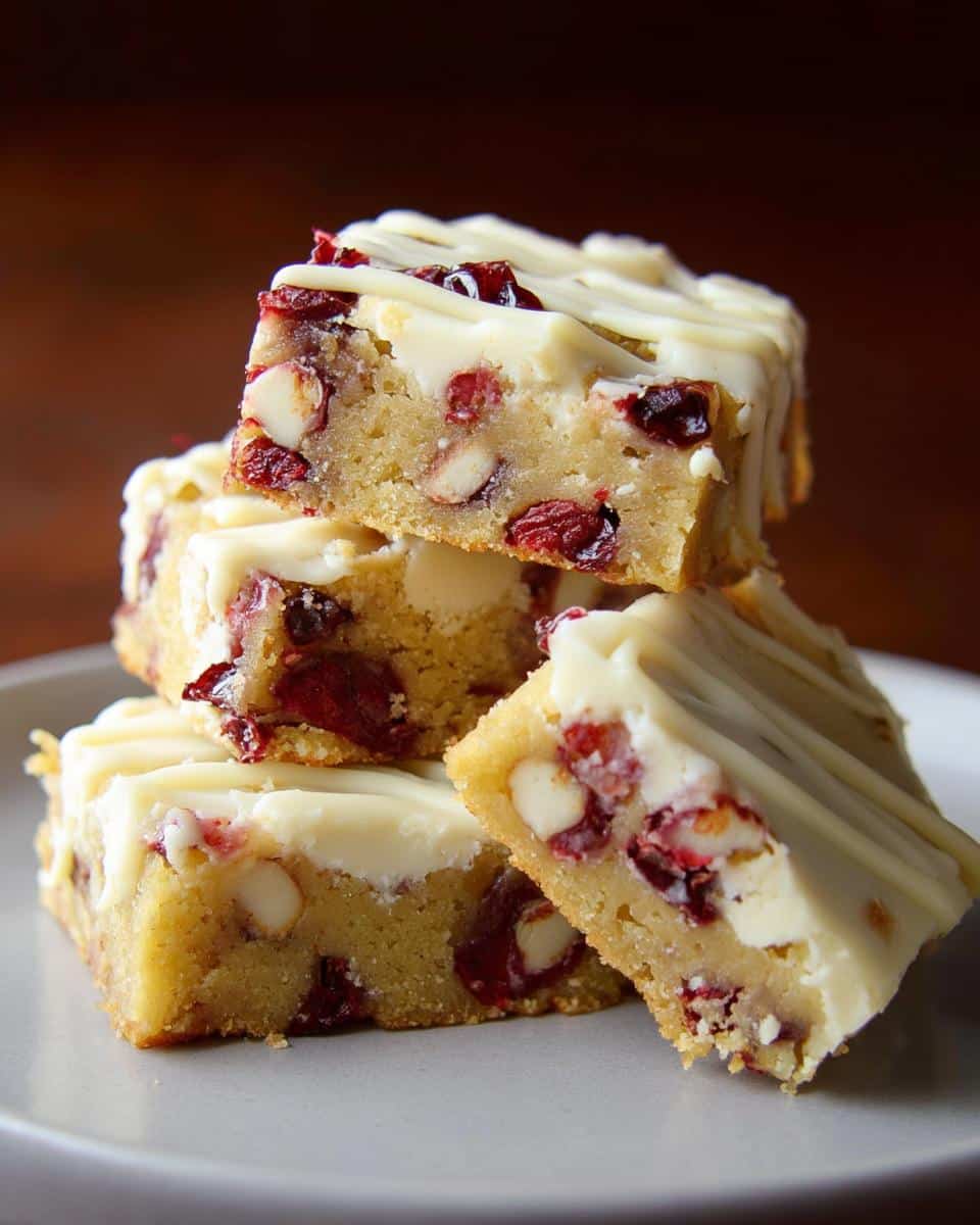 A stack of three Cranberry White Chocolate Blondies, drizzled with white chocolate.