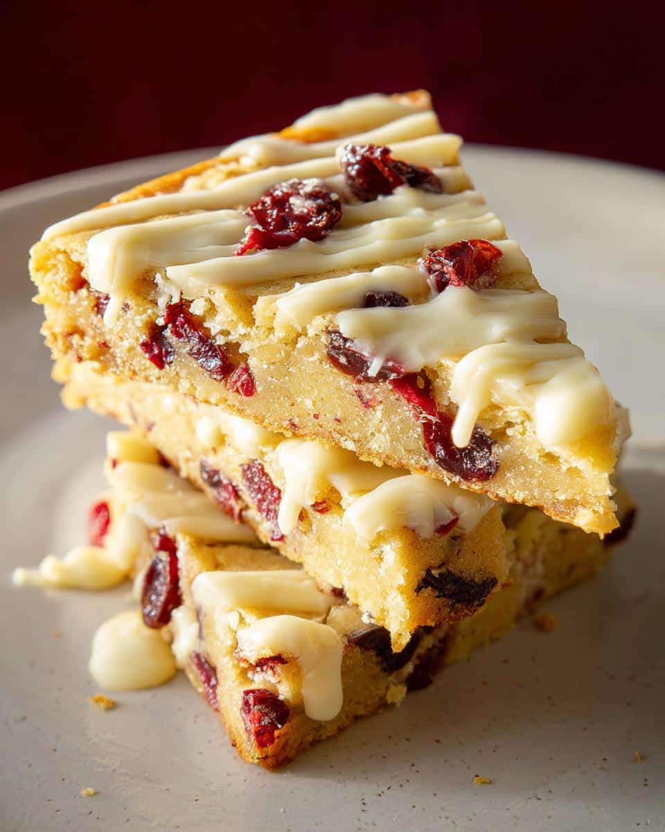 A stack of three Cranberry White Chocolate Blondies drizzled with white chocolate and sprinkled with dried cranberries.