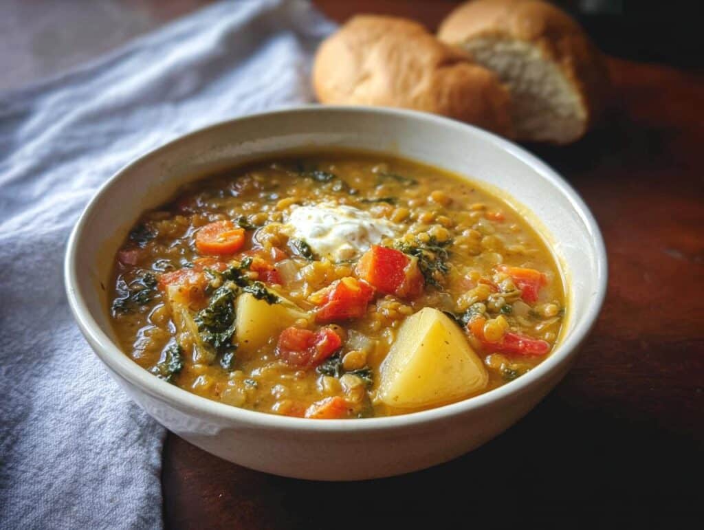 A bowl of hearty Crockpot Lentil Soup with Vegetables, topped with a dollop of cream and served with crusty bread.