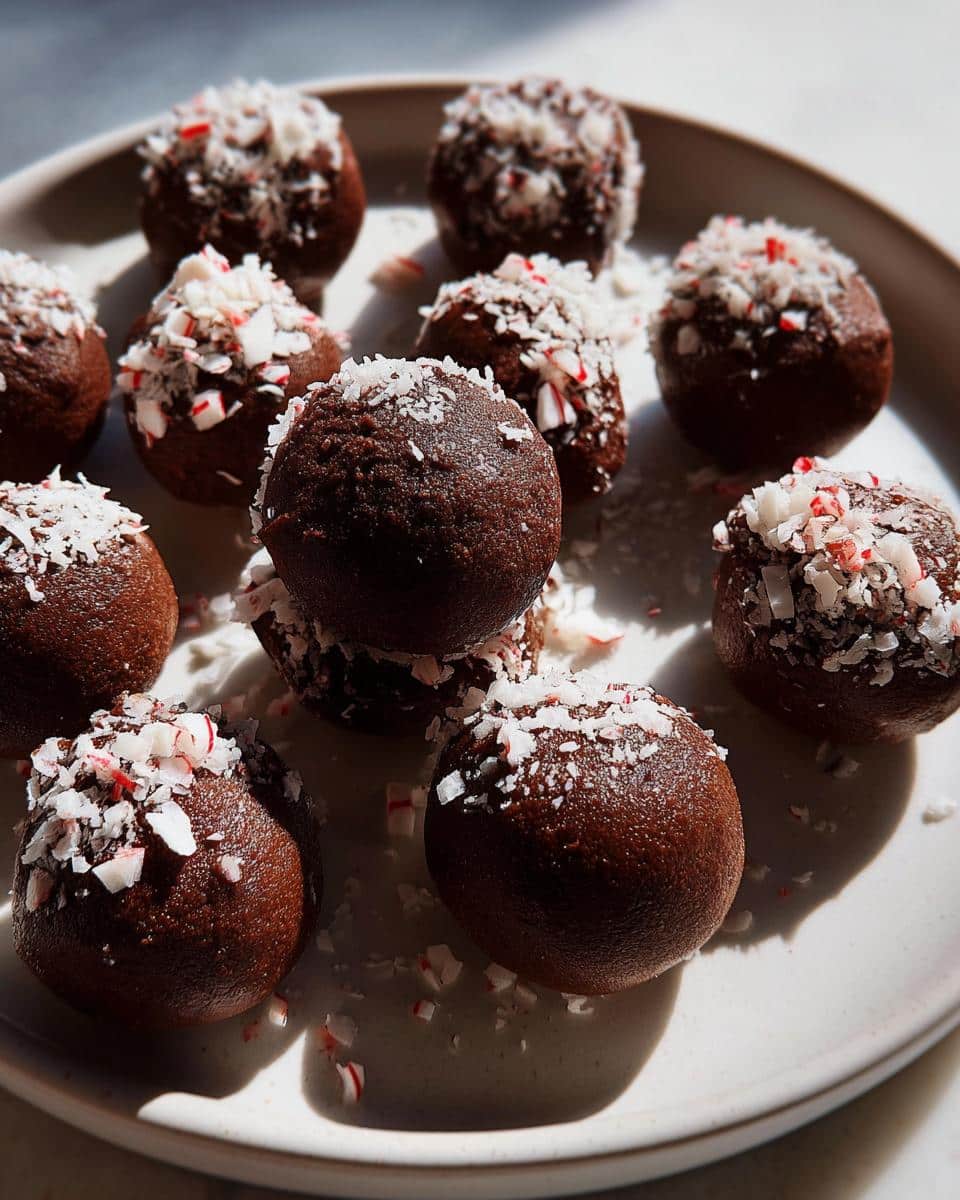 A plate of dairy-free chocolate peppermint truffles topped with shredded coconut and crushed candy canes.