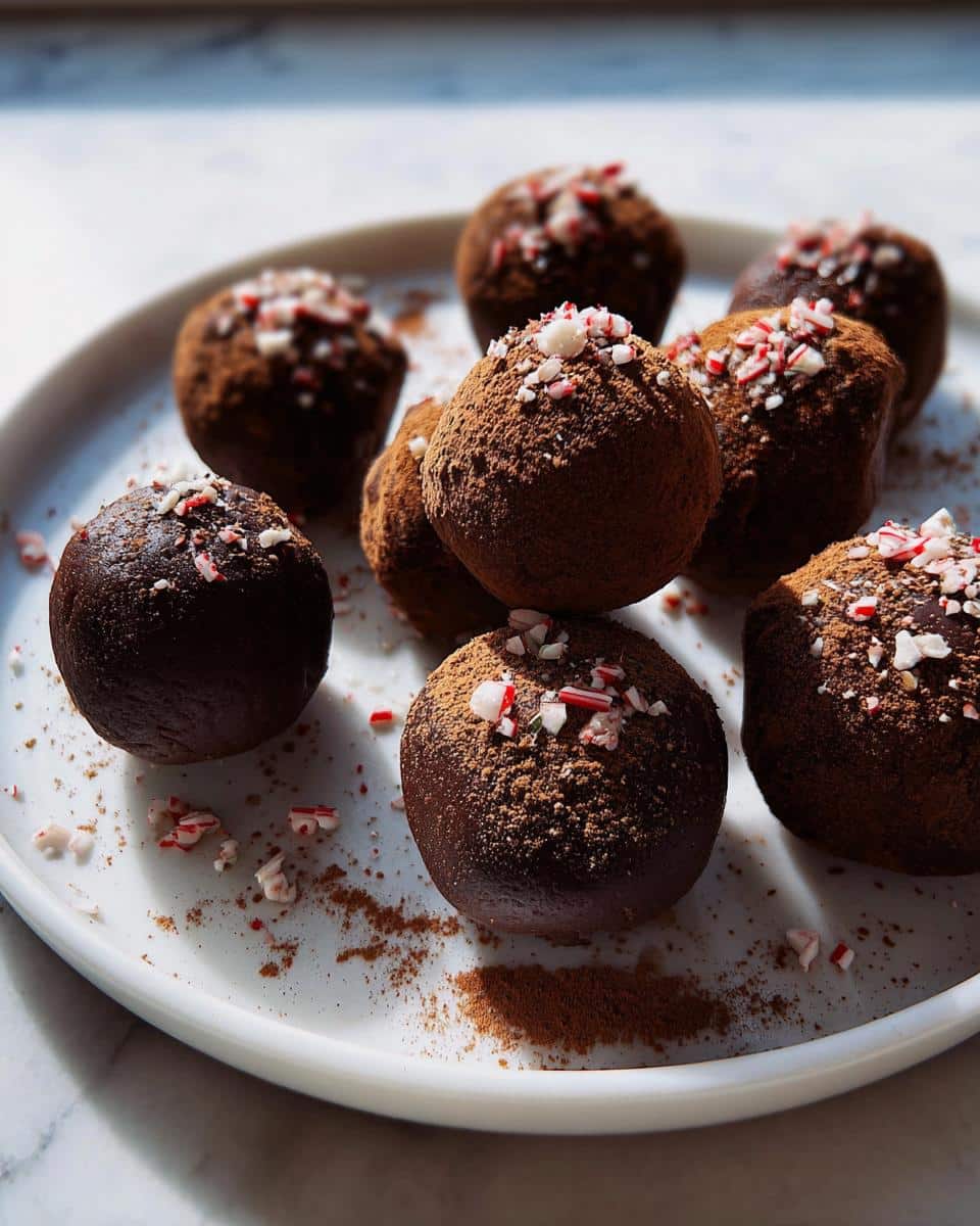 A plate of Dairy-Free Chocolate Peppermint Truffles dusted with cocoa powder and crushed candy canes.