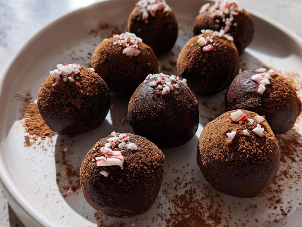 A plate of rich, dark Dairy-Free Chocolate Peppermint Truffles dusted with cocoa powder and topped with crushed candy canes.