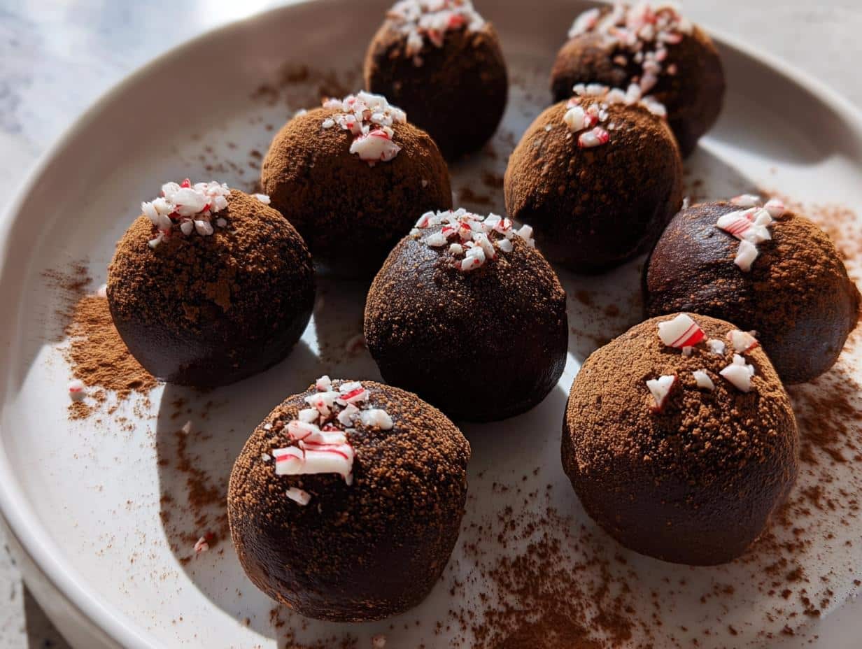 A plate of rich, dark Dairy-Free Chocolate Peppermint Truffles dusted with cocoa powder and topped with crushed candy canes.