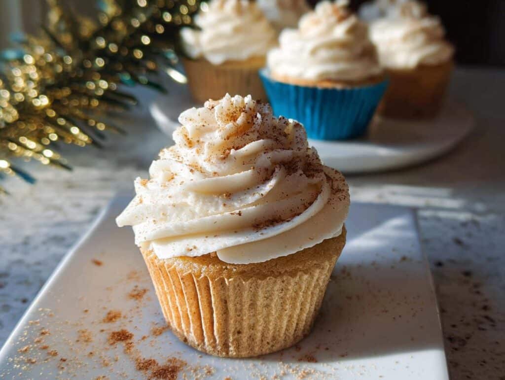 A close-up of a delicious Eggnog Cupcake with Cream Cheese Frosting, dusted with cinnamon.