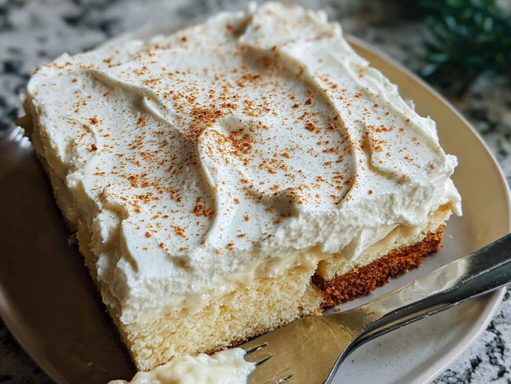 A slice of moist Eggnog Tres Leches Cake topped with whipped cream and a sprinkle of cinnamon.