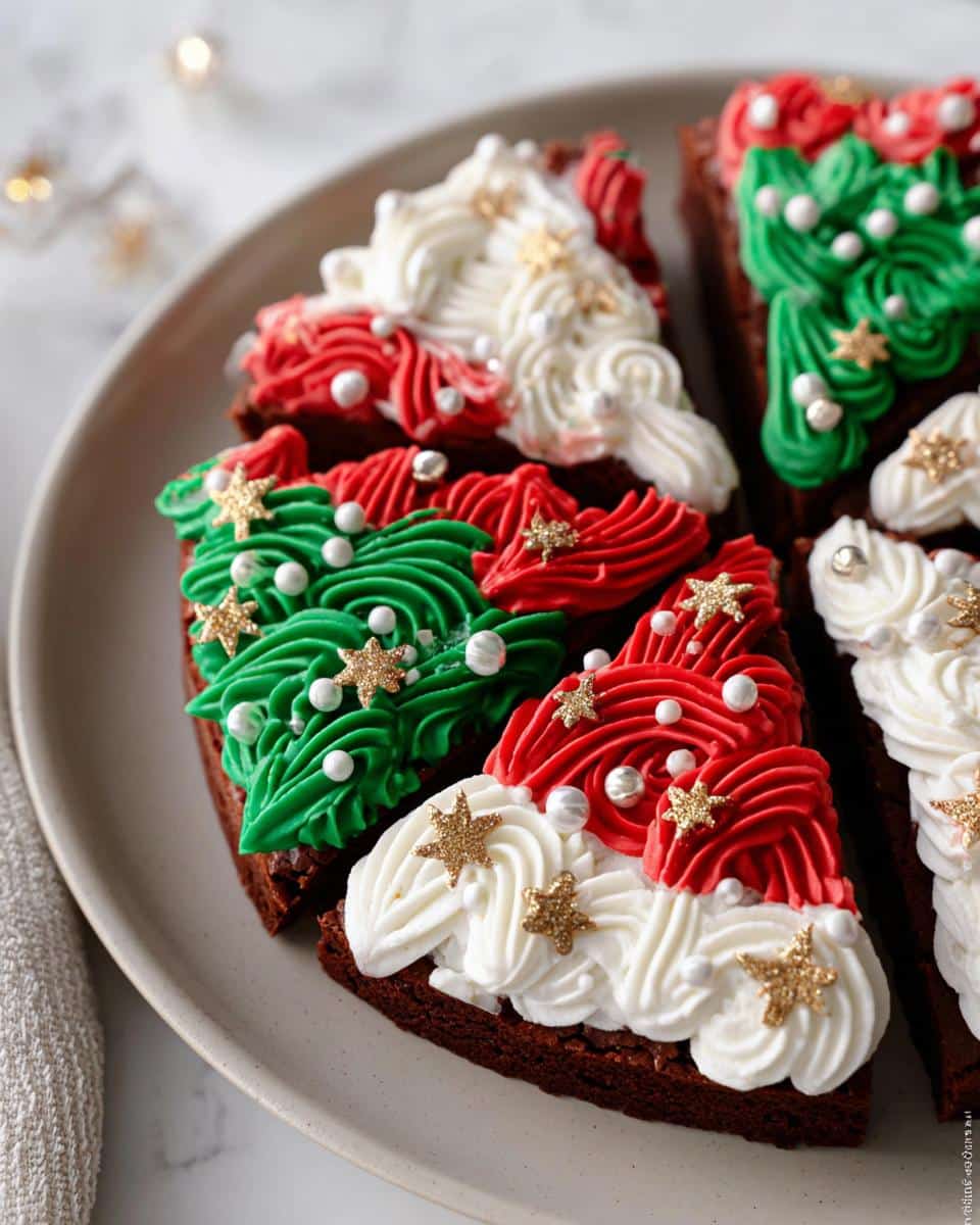 Close-up of Frosted Christmas Tree Brownies slices decorated with red, green, and white frosting, edible pearls, and gold stars.
