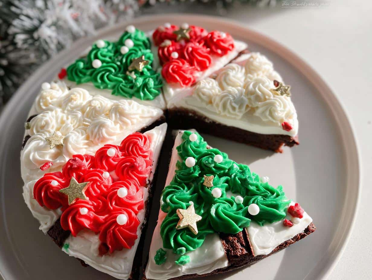 A festive arrangement of Frosted Christmas Tree Brownies, cut into slices and decorated with green, red, and white frosting, edible stars, and sprinkles.