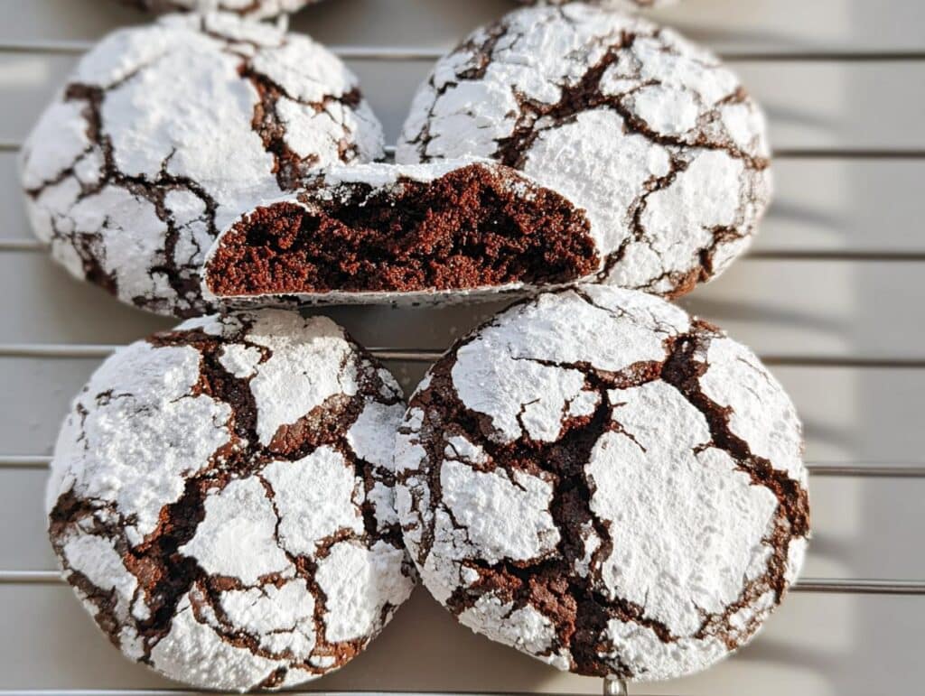 Close-up of Gluten-Free Chocolate Crinkle Cookies dusted with powdered sugar, one cookie is halved to show the rich chocolate interior.