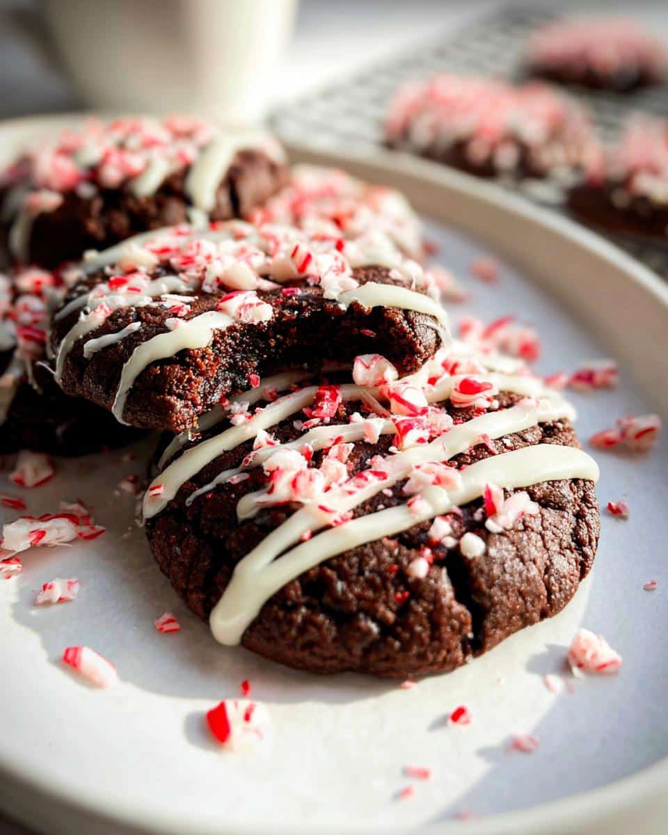 Close-up of Gluten-Free Chocolate Peppermint Cookies drizzled with white icing and crushed candy canes.