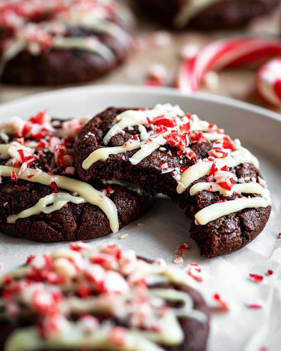 Close-up of Gluten-Free Chocolate Peppermint Cookies drizzled with white chocolate and crushed candy canes.