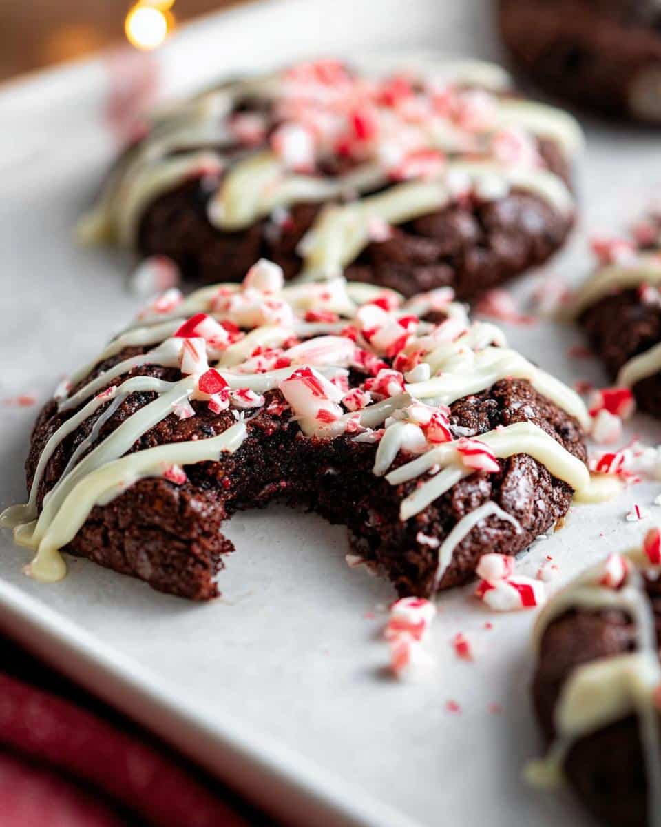 A close-up of a Gluten-Free Chocolate Peppermint Cookie with a bite taken out, drizzled with white chocolate and crushed candy canes.
